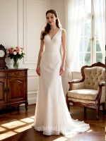 APJbridal Simple V-Neck A-Line Chiffon Wedding Dress with Sweep Train